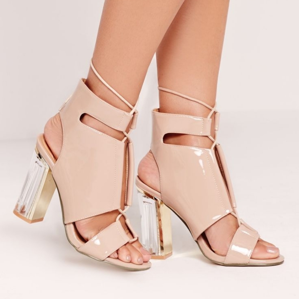 NWT Missguided Nude Patent Clear block heel lace up sandals